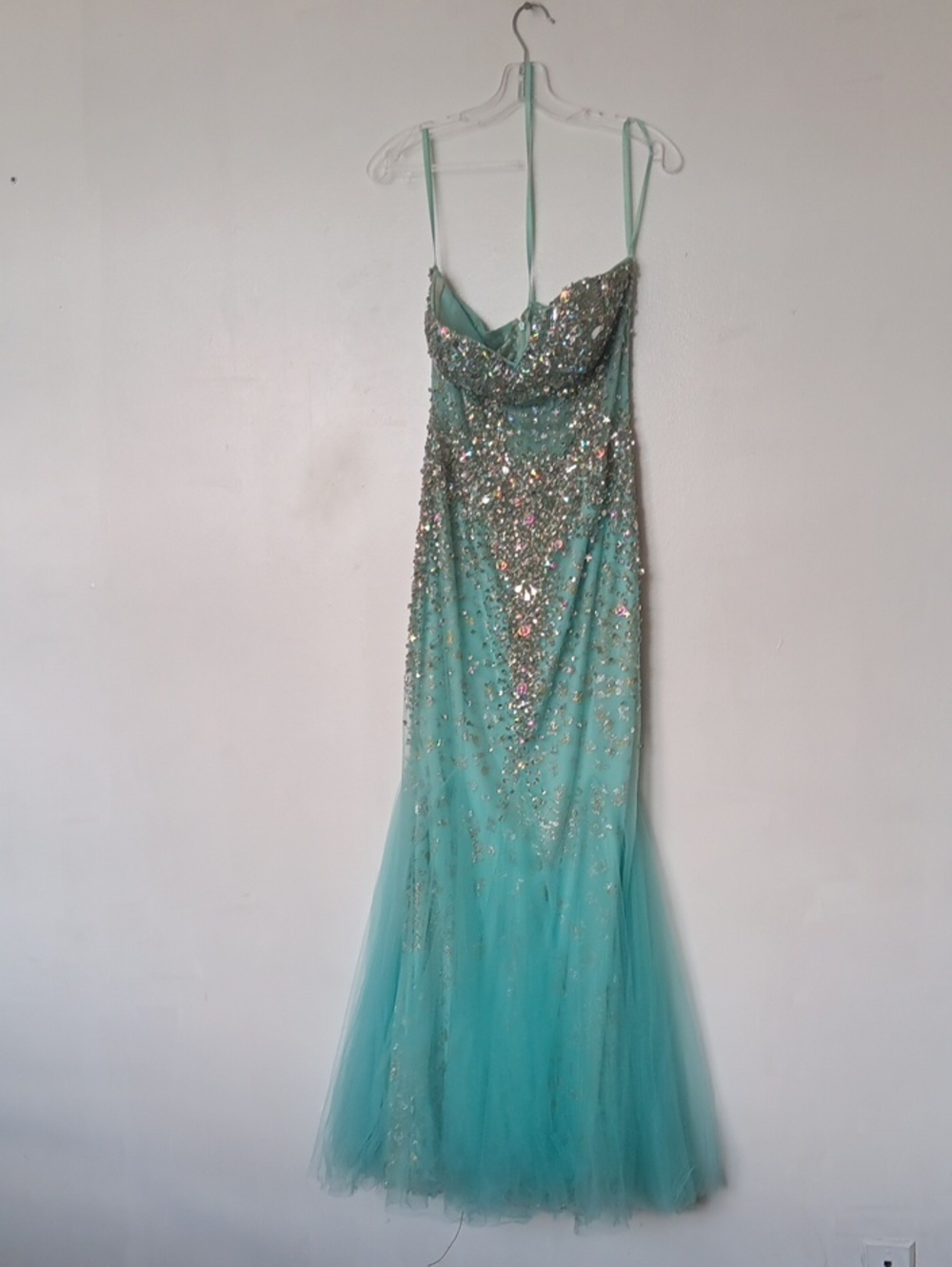 Seafoam Beaded Tulle Prom Gown with Spaghetti Straps